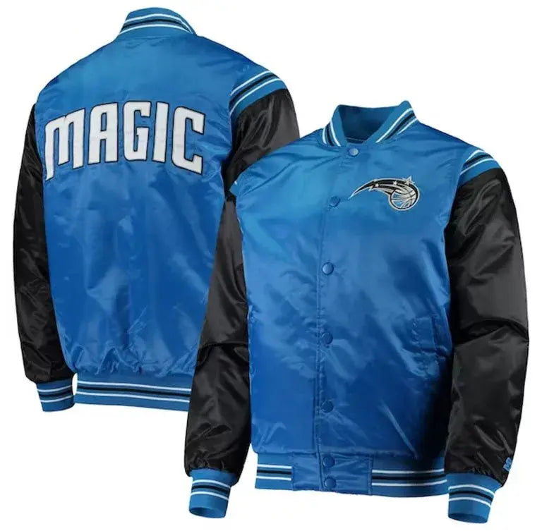 Orlando Magic Renegade Full-Snap Varsity Black and Blue Satin Men's Bomber Jacket