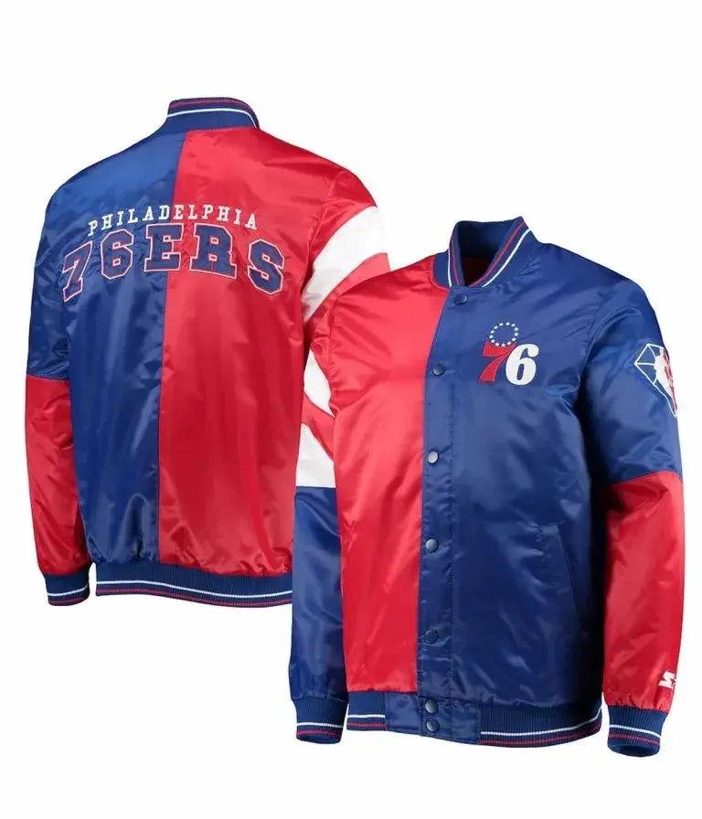 Philadelphia 76ers Full-Varsity Red and Royal Blue Satin Men's Bomber Jacket