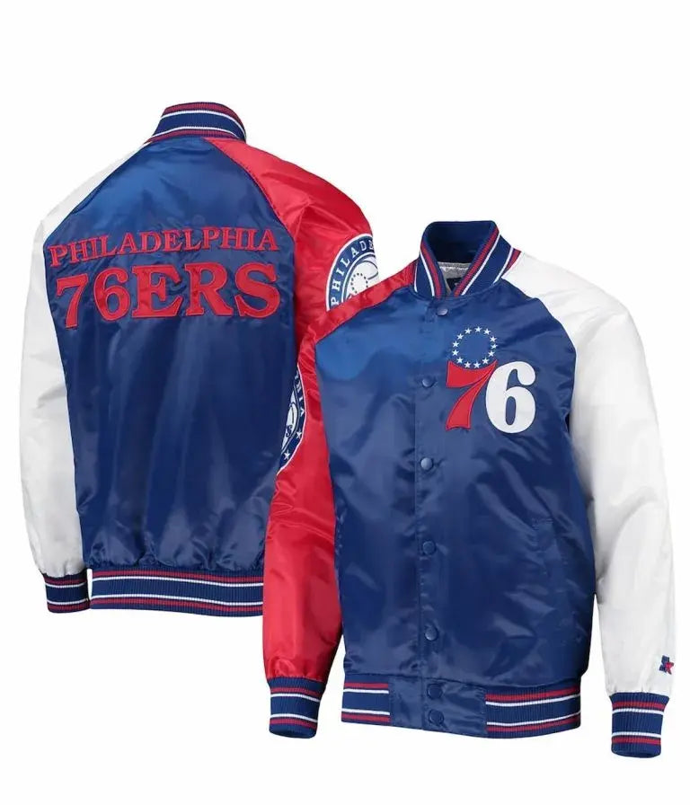 Philadelphia 76ers Full-Varsity Tri Color Satin Men's Bomber Jacket