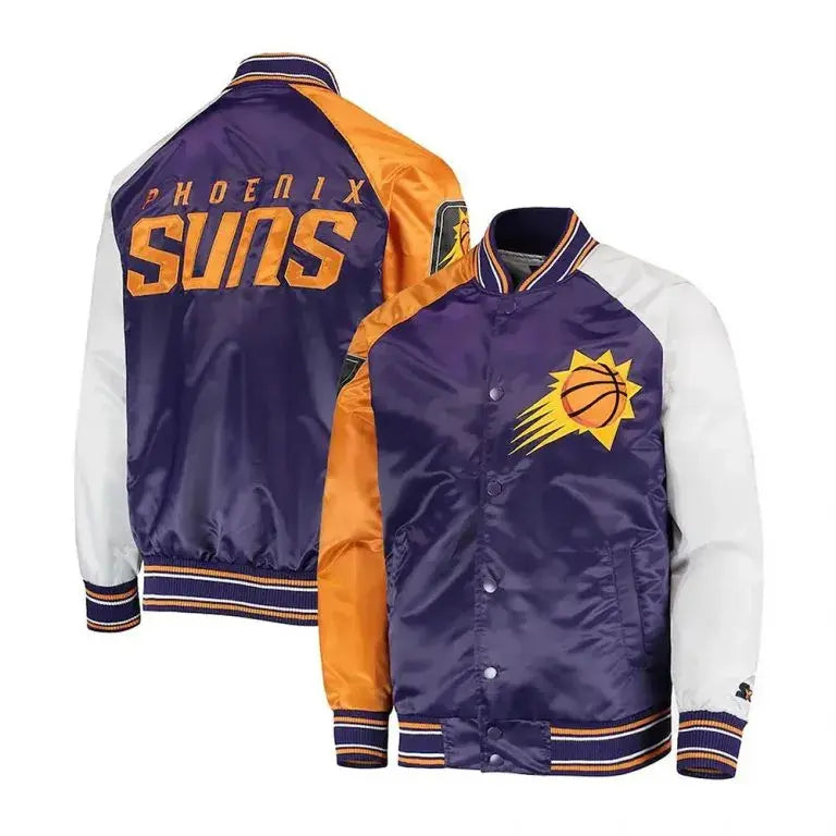 Phoenix Suns Reliever Full-Snap Varsity Tri Color Satin Men's Bomber Jacket