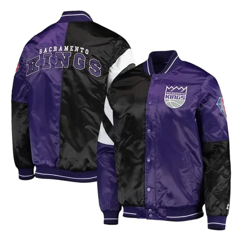 Sacramento Kings 75th Anniversary Leader Full-Snap Varsity Purple and Black Satin Men's Bomber Jacket