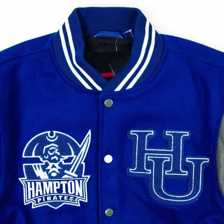 Hampton University Motto 3.0 Royal Blue Wool & Genuine Leather Sleeves Men's Letterman Varsity Jacket