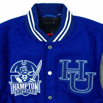 Hampton University Motto 3.0 Royal Blue Wool & Genuine Leather Sleeves Men's Letterman Varsity Jacket