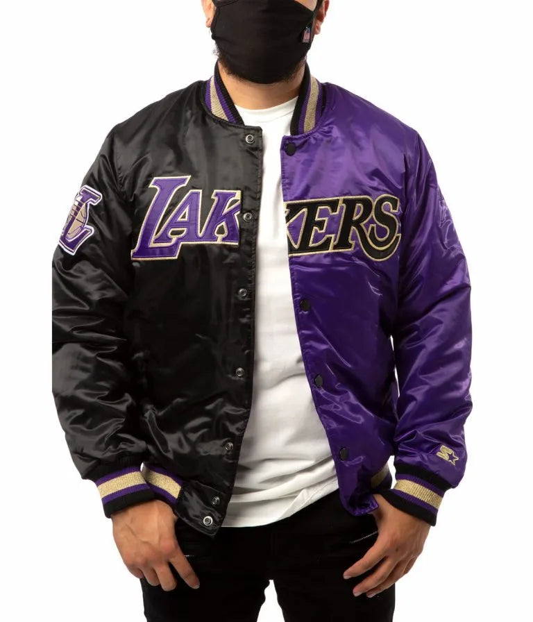 Los Angeles Lakers Full-Snap Varsity Purple and Black Satin Men's Bomber Jacket