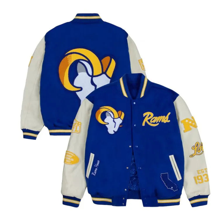 Los Angeles Rams Royal Blue Wool and White Genuine Leather Sleeves Men's Varsity Letterman Jacket