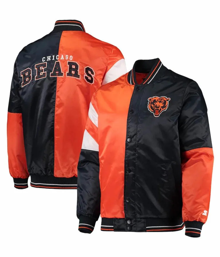 Chicago Bears Leader Full-Snap Varsity Navy Blue and Orange Satin Men's Bomber Jacket