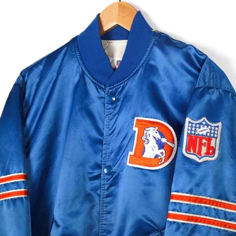 80s Denver Broncos Embroidered Full-Snap Varsity Blue/Orange Satin Men's Bomber Jacket
