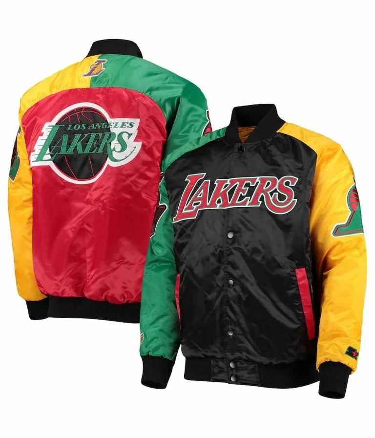 Los Angeles Lakers Ty Mopkins Full-Snap Varsity Tri Color Satin Men's Bomber Jacket