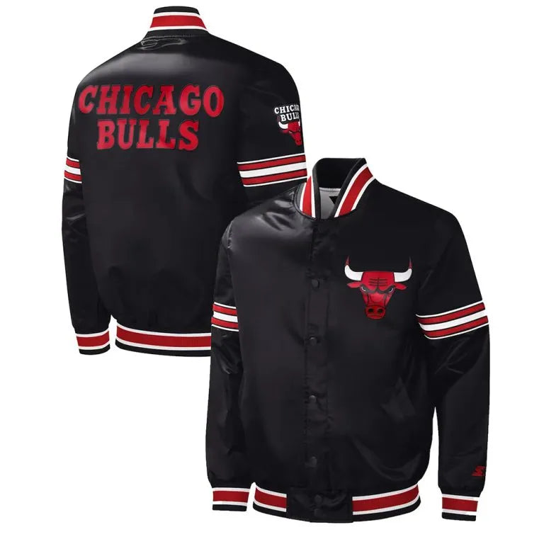 Chicago Bulls Slider Full-Snap Varsity Black Satin Men's Bomber Jacket