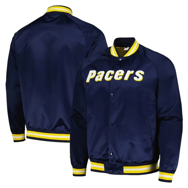 Indiana Pacers Throwback Wordmark Full-Snap Varsity Navy Blue Satin Men's Bomber Jacket
