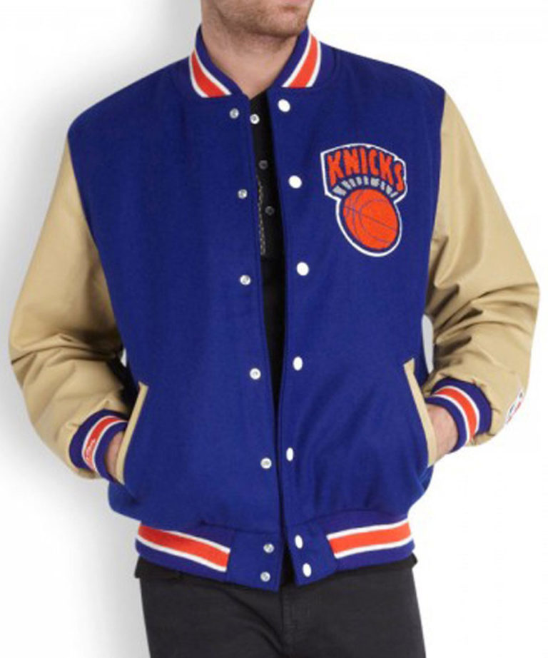New York Knicks Varsity Blue Wool & Beige Genuine Leather Sleeves Men's Letterman Jacket
