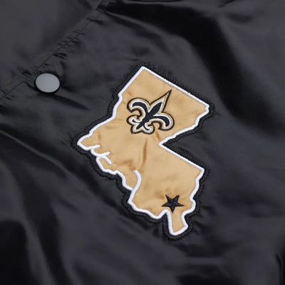 New Orleans Saints Striped Full-Snap Varsity Black Satin Men's Bomber Jacket