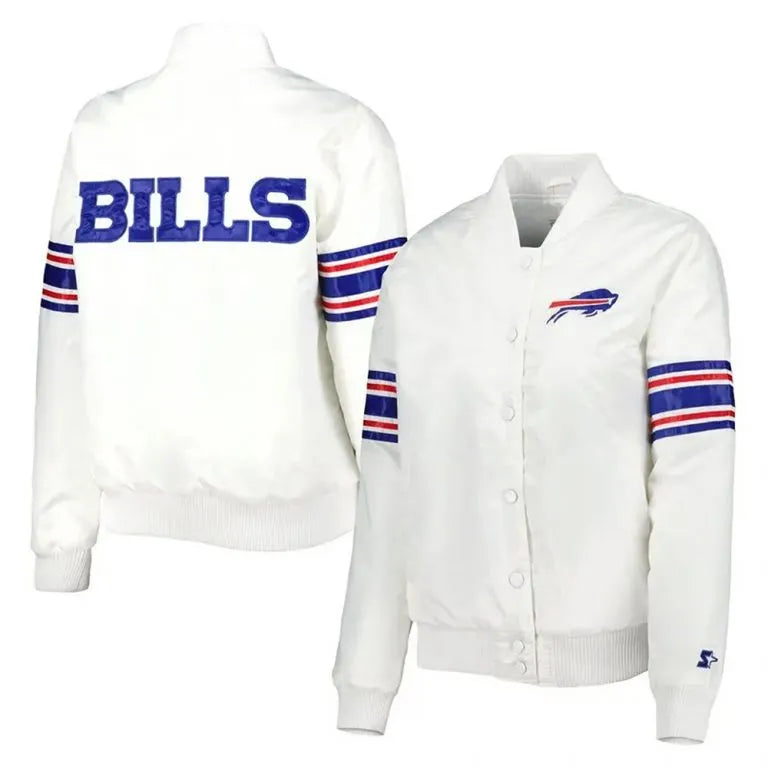 Buffalo Bills Line Up Full-Snap Varsity White Satin Men's Bomber Jacket