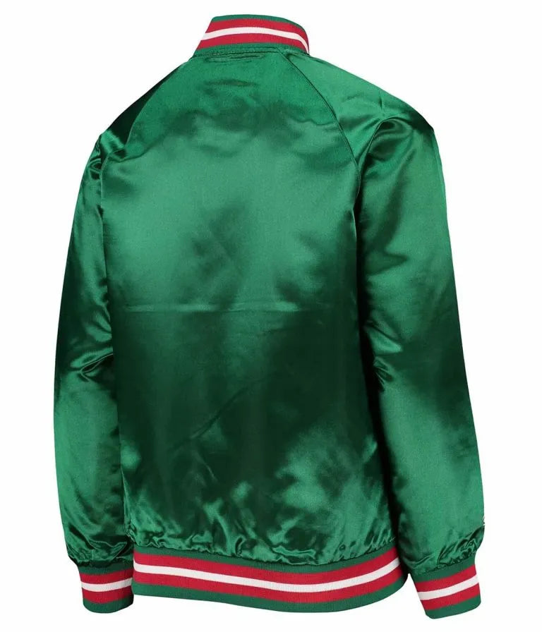 Milwaukee Bucks Hardwood Classics Full-Snap Varsity Green Satin Men's Bomber Jacket