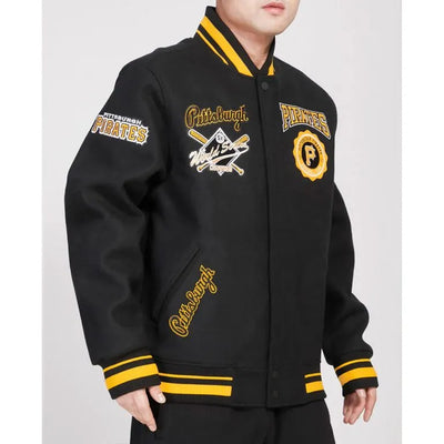 Pittsburgh Pirates Crest Emblem Varsity Full-Snap Black Wool & Leather Men's Jacket