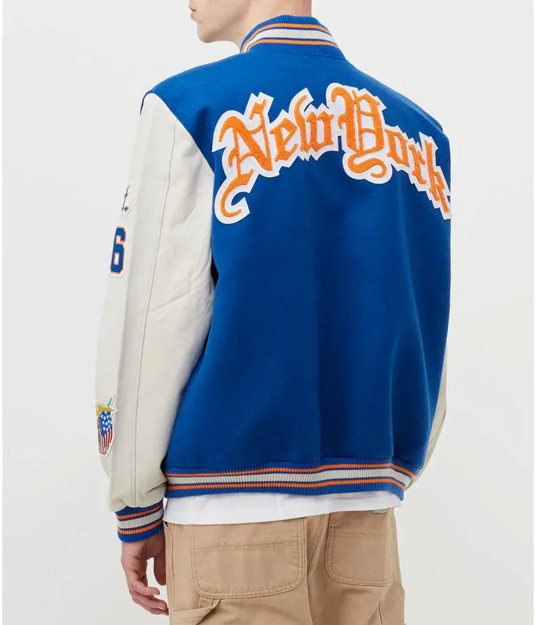 New York Knicks Varsity Blue Wool & White Genuine Leather Sleeves Men's Letterman Jacket