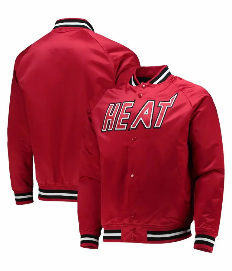 Miami Heat Hardwood Classics Full-Snap Varsity Red Satin Men's Bomber Jacket