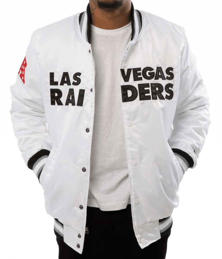 Los Angeles Raiders Back Shield Full-Snap Varsity White Satin Men's Bomber Jacket