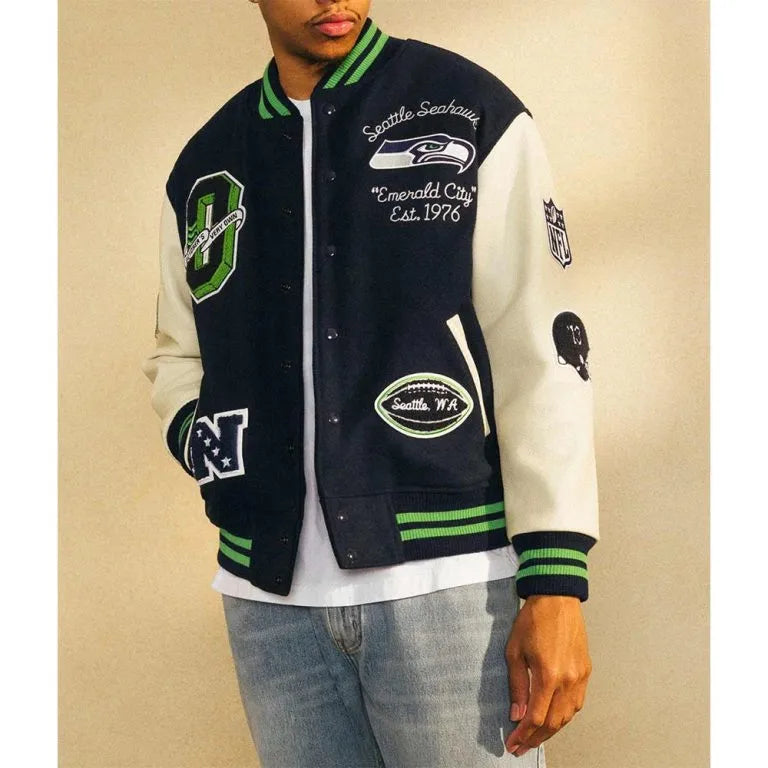 OVO Seattle Seahawks Navy Blue Wool & White Genuine Leather Sleeves Men's Varsity Letterman Jacket
