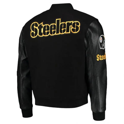Pittsburgh Steelers Logo Black Wool & Genuine Leather Sleeves Men's Varsity Letterman Jacket