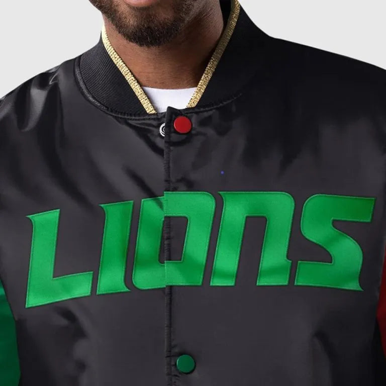 Detroit Lions Ty Mopkins History Full-Snap Varsity Black Satin Men's Bomber Jacket