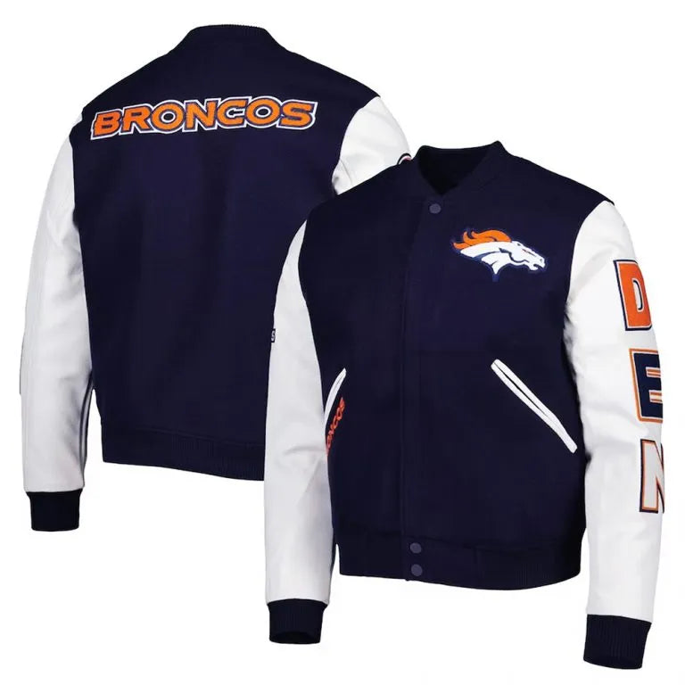 Denver Broncos Logo Navy Blue Wool & White Genuine Leather Sleeves Men's Varsity Jacket