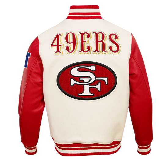 San Francisco 49ers Mash Up Retro Classic Off White Wool & Red Genuine Leather Sleeves Men's Varsity Letterman Jacket