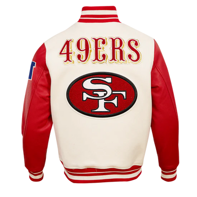 San Francisco 49ers Mash Up Retro Classic Off White Wool & Red Genuine Leather Sleeves Men's Varsity Letterman Jacket