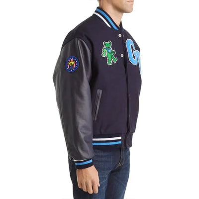 Grateful Dead High Navy Blue Wool & Genuine Leather Sleeves Men's Letterman Varsity Jacket