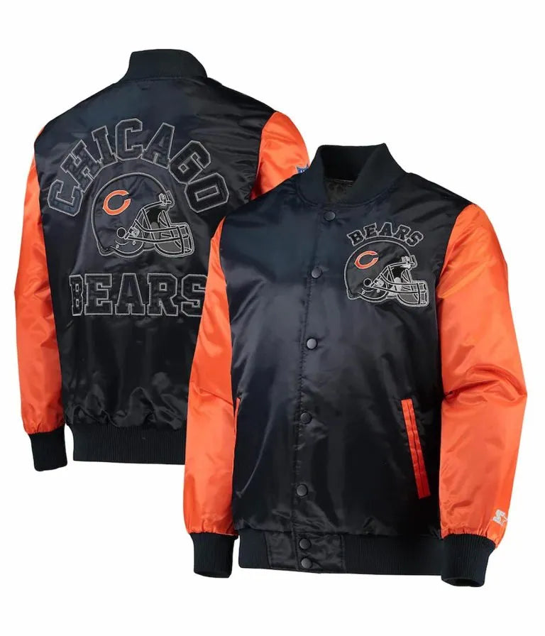 Chicago Bears Locker Room Throwback Full-Snap Varsity Navy Blue and Orange Satin Men's Bomber Jacket