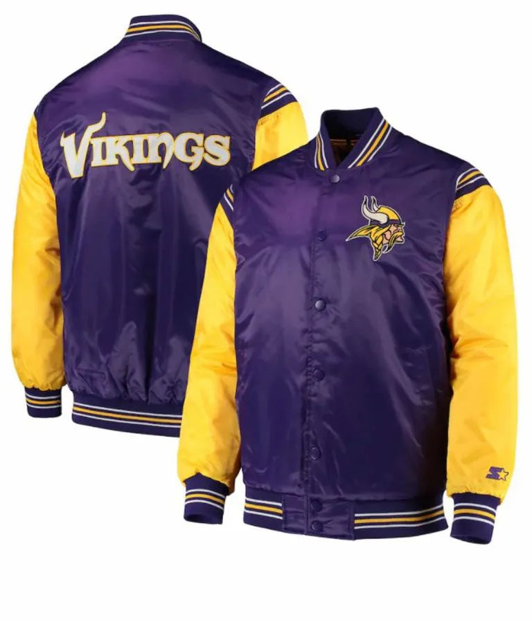Minnesota Vikings Full-Snap Varsity Purple and Yellow Satin Men's Bomber Jacket