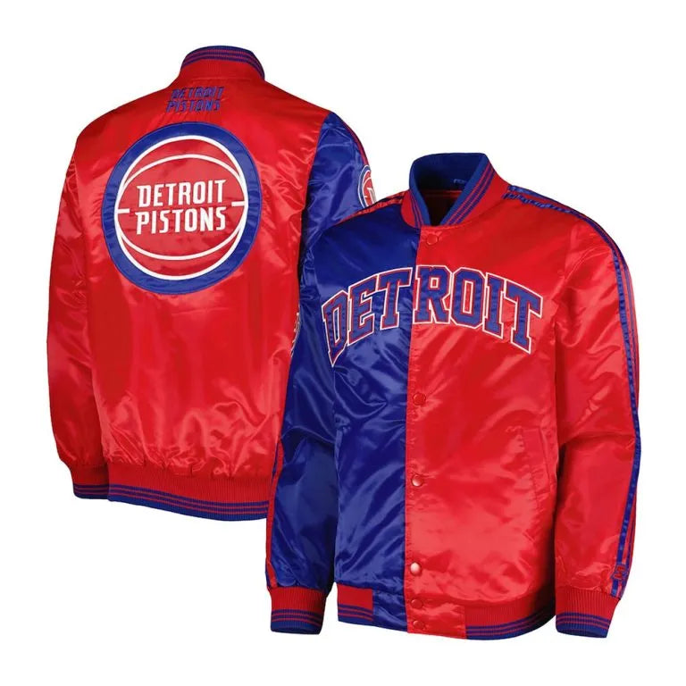 Detroit Pistons Fast Break Full-Snap Varsity Royal Blue & Red Satin Men's Bomber Jacket