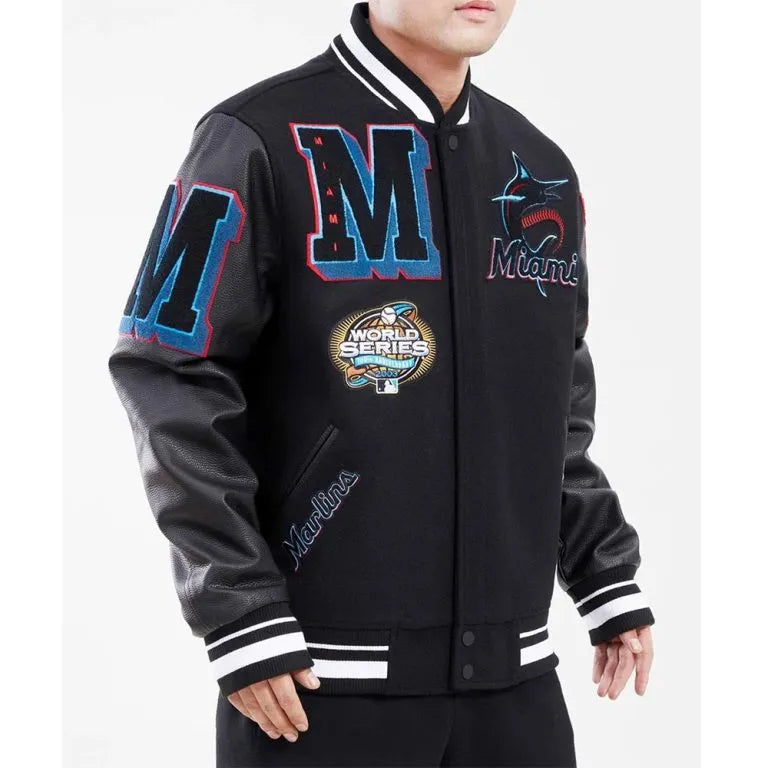 Miami Marlins Mash Up Full-Zip Black Wool/Leather Varsity Men's Jacket