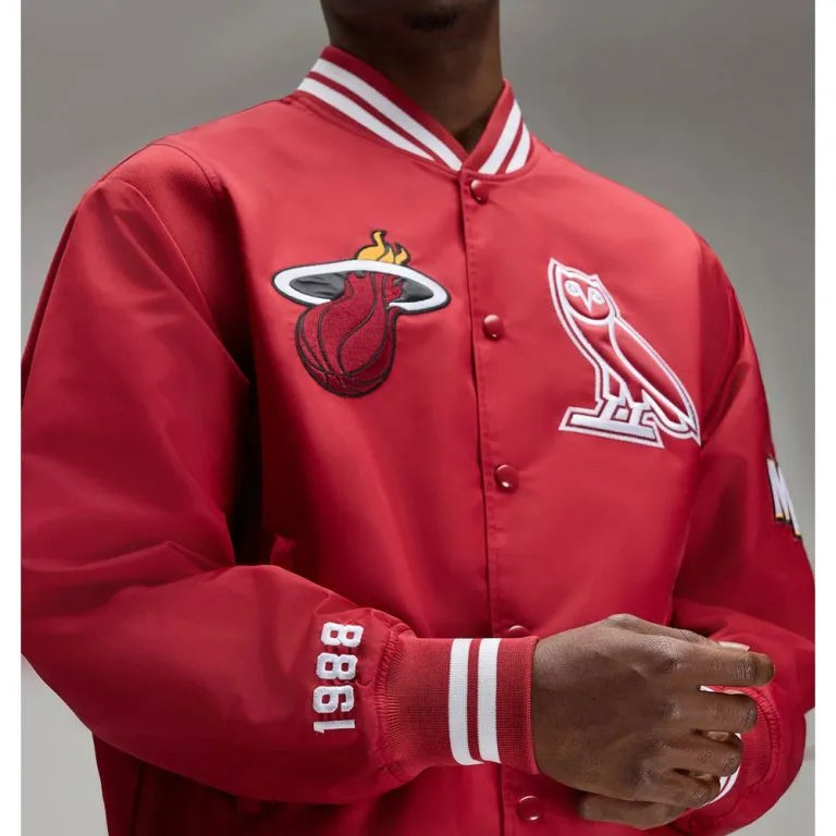 Miami Heat OVO Full-Snap Varsity Red Satin Men's Bomber Jacket