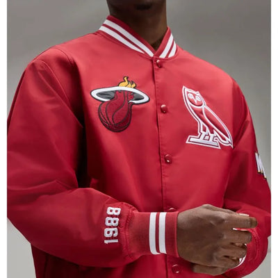 Miami Heat OVO Full-Snap Varsity Red Satin Men's Bomber Jacket