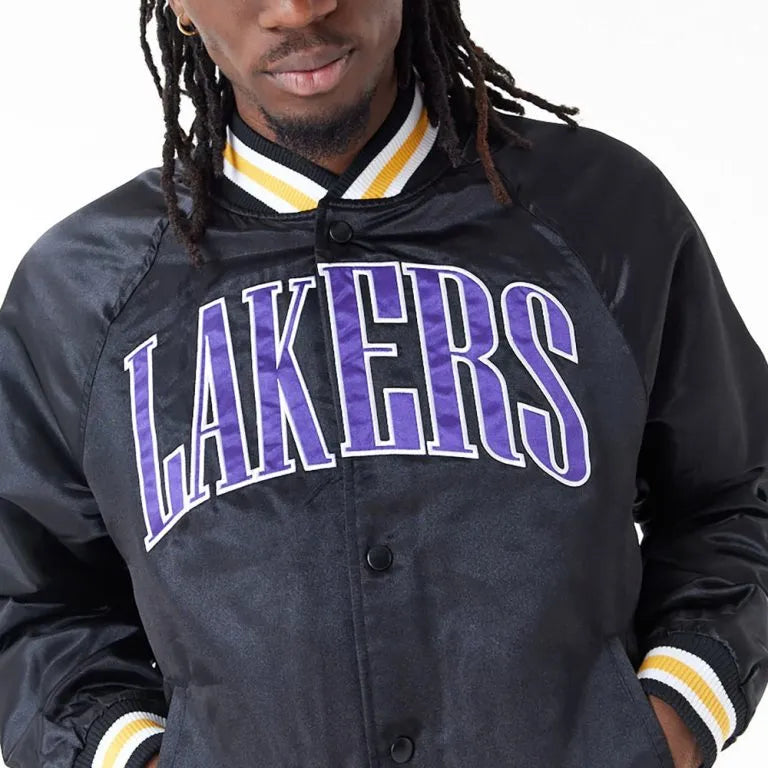 Los Angeles Lakers Applique Full-Snap Varsity Black Satin Men's Bomber Jacket
