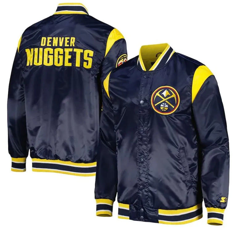 Denver Nuggets Force Play Full-Snap Varsity Navy Blue Satin Men's Bomber Jacket