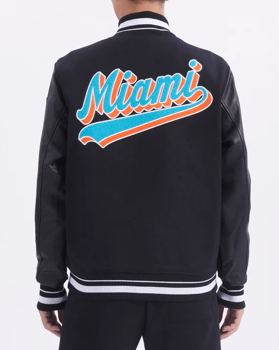 Miami Dolphins Script Tail Black Wool and Genuine Leather Sleeves Men's Varsity Letterman Jacket