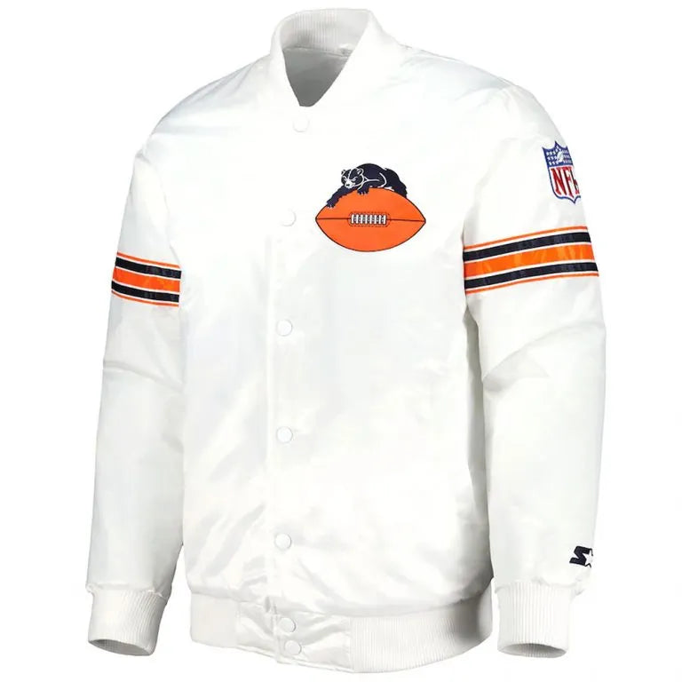 Chicago Bears The Power Forward Full-Snap Varsity White Satin Men's Bomber Jacket