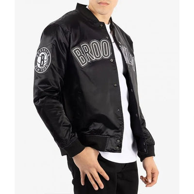 Brooklyn Nets Full-Snap Varsity Black Satin Men's Bomber Jacket
