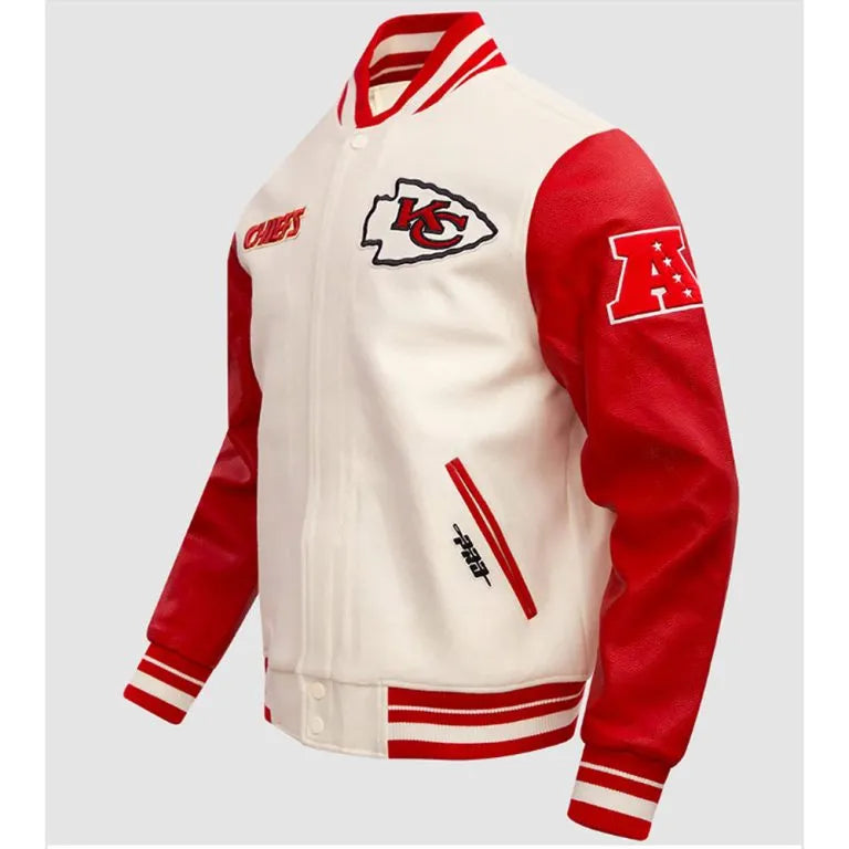 Kansas City Chiefs Off-White Wool and Red Genuine Leather Sleeves Men's Varsity Letterman Jacket