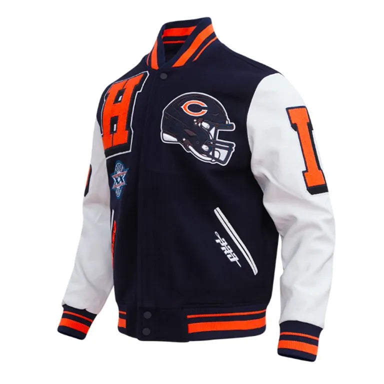 Chicago Bears Mashup Navy Blue Wool & White Genuine Leather Sleeves Men's Varsity Jacket