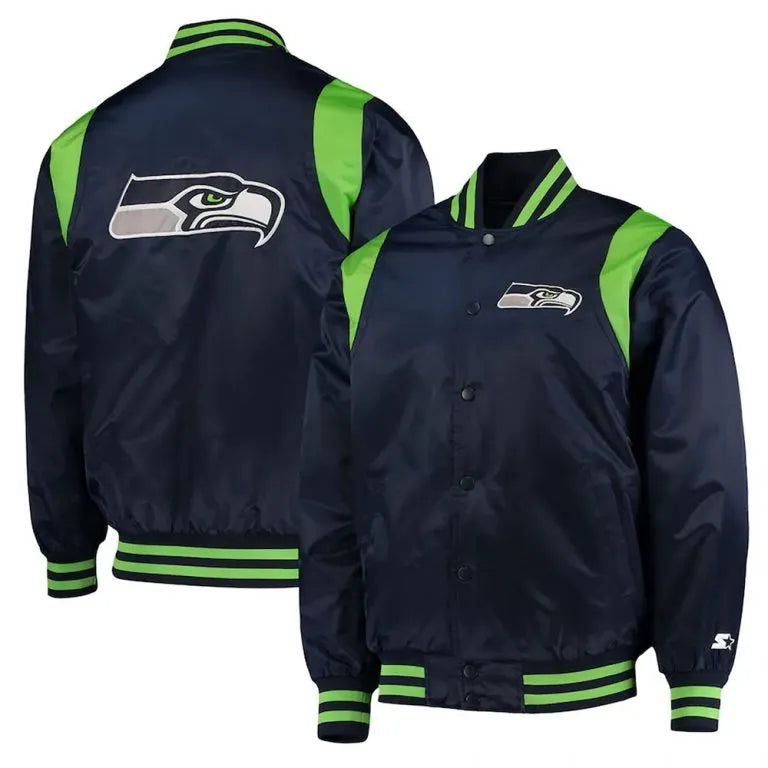 Seattle Seahawks College Prime Time Full-Snap Varsity Navy Blue Satin Men's Bomber Jacket