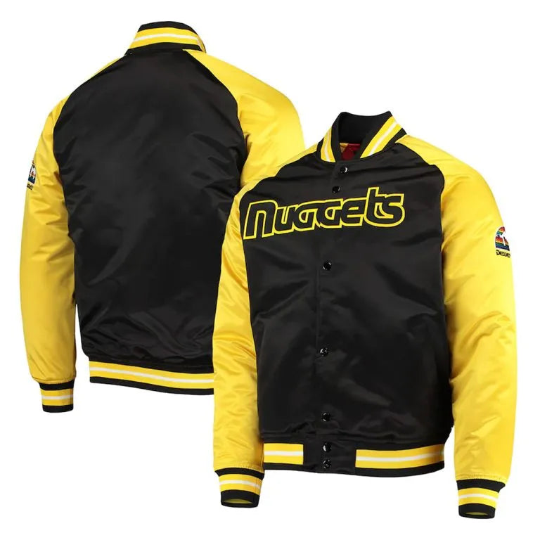 Denver Nuggets Reload 3.0 Hardwood Classics Full-Snap Varsity Black and Yellow Satin Men's Bomber Jacket