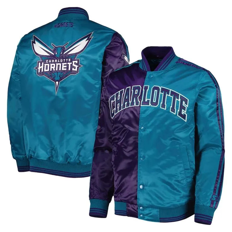 Charlotte Hornets Fast Break Full-Snap Varsity Purple/Teal Satin Men's Bomber Jacket