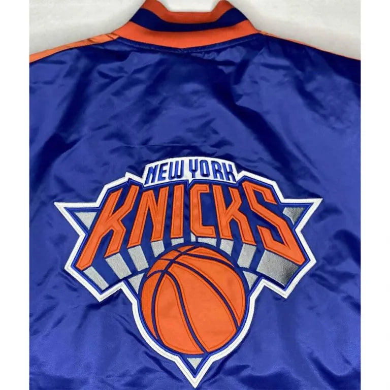 New York Knick Striped Full-Snap Varsity Blue Satin Men's Bomber Jacket