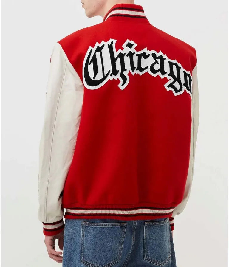 Chicago Bulls Red Wool & White Genuine Leather Sleeves Men's Varsity Letterman Jacket