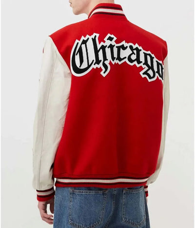 Chicago Bulls Red Wool & White Genuine Leather Sleeves Men's Varsity Letterman Jacket