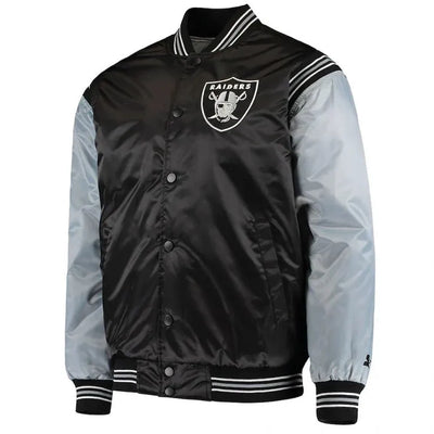 Los Angeles Raiders Enforcer Full-Snap Varsity Black and Grey Satin Men's Bomber Jacket
