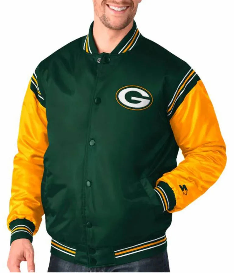 Green Bay Packers Full-Snap Varsity Yellow and Green Satin Men's Bomber Jacket